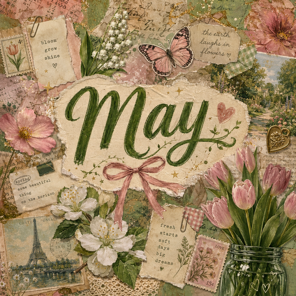 Forum avatar/pfp: vintage floral collage centered on May in green script, with tulips, blossoms, a butterfly and handwritten ephemera in soft pinks and greens.