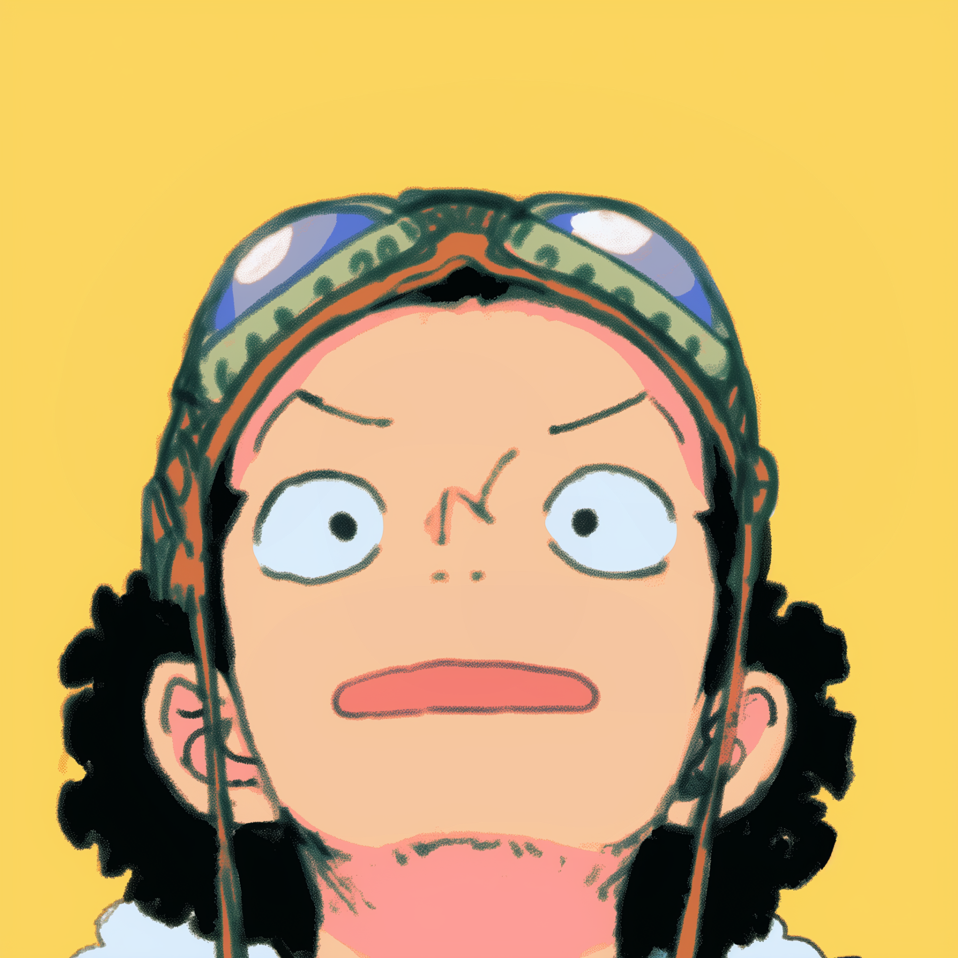 Forum avatar/pfp of Usopp (One Piece): anime close-up with goggles and a wide-eyed, shocked expression on a bright yellow background.