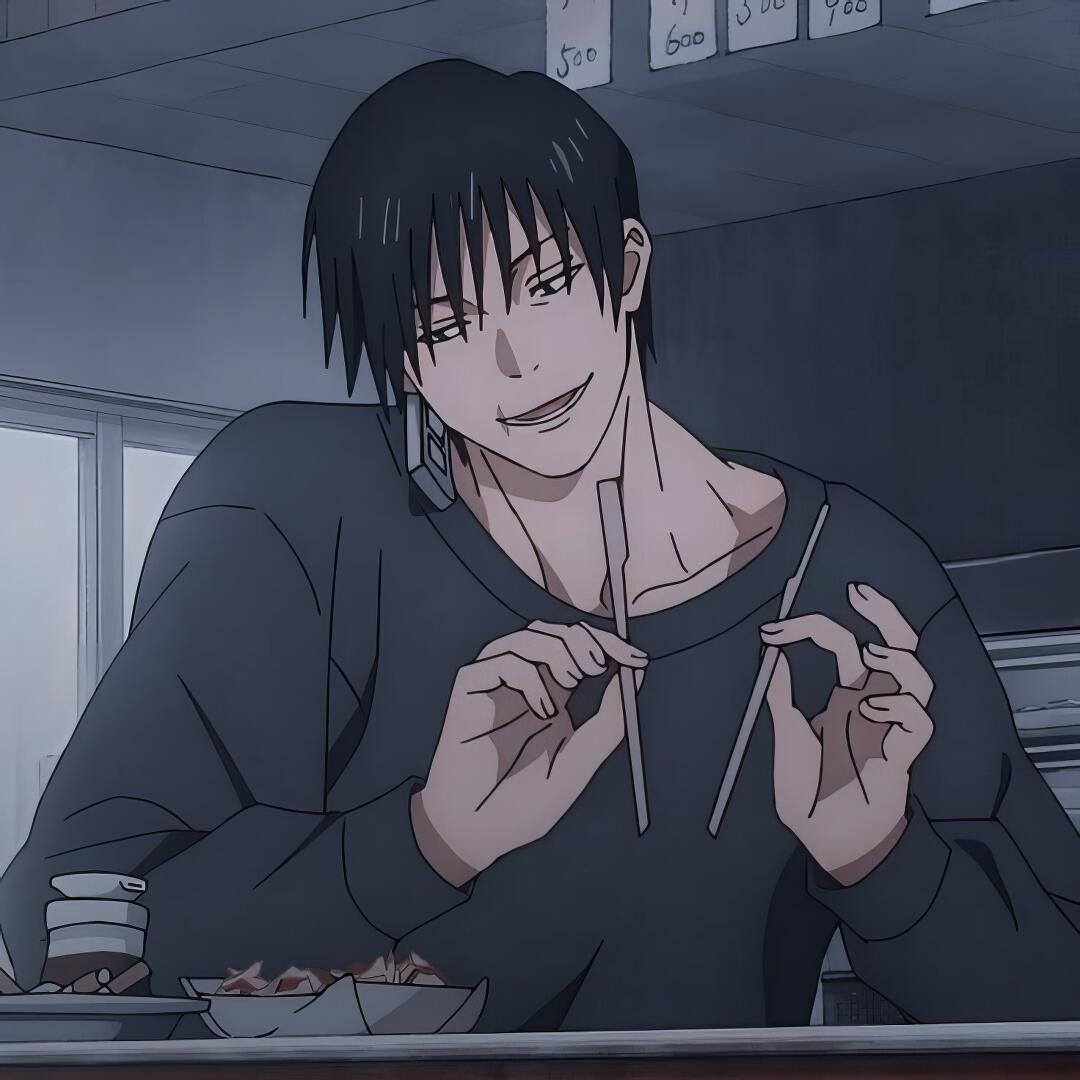 Anime avatar of Toji Fushiguro from Jujutsu Kaisen 2nd Season, smirking as he casually snaps chopsticks at a table.