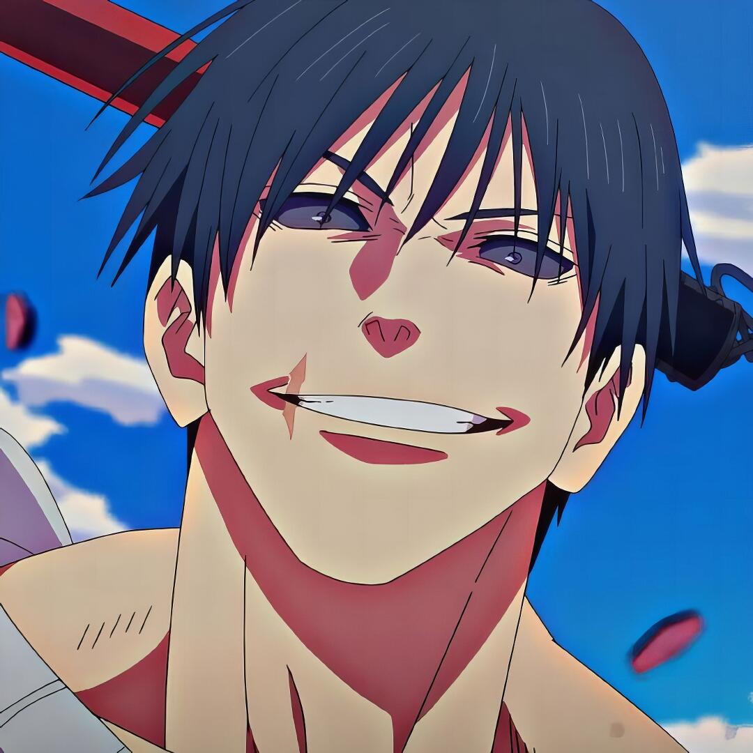Avatar of Toji Fushiguro from Jujutsu Kaisen 3rd Season — close-up anime grin, wind-swept hair, blue sky background with drifting petals.