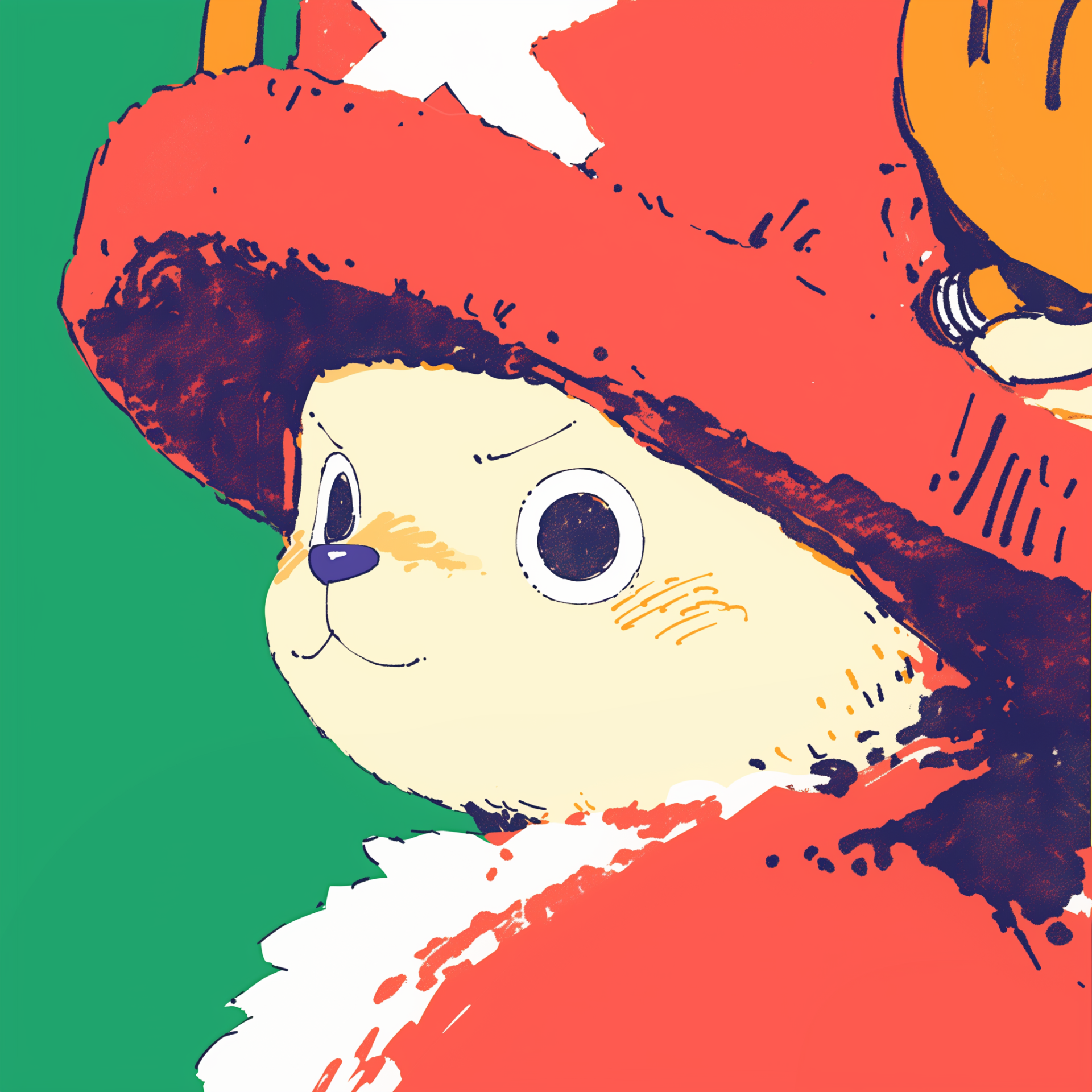Forum avatar of Tony Tony Chopper (One Piece): stylized close-up of the reindeer’s face wearing his red hat against a green background.