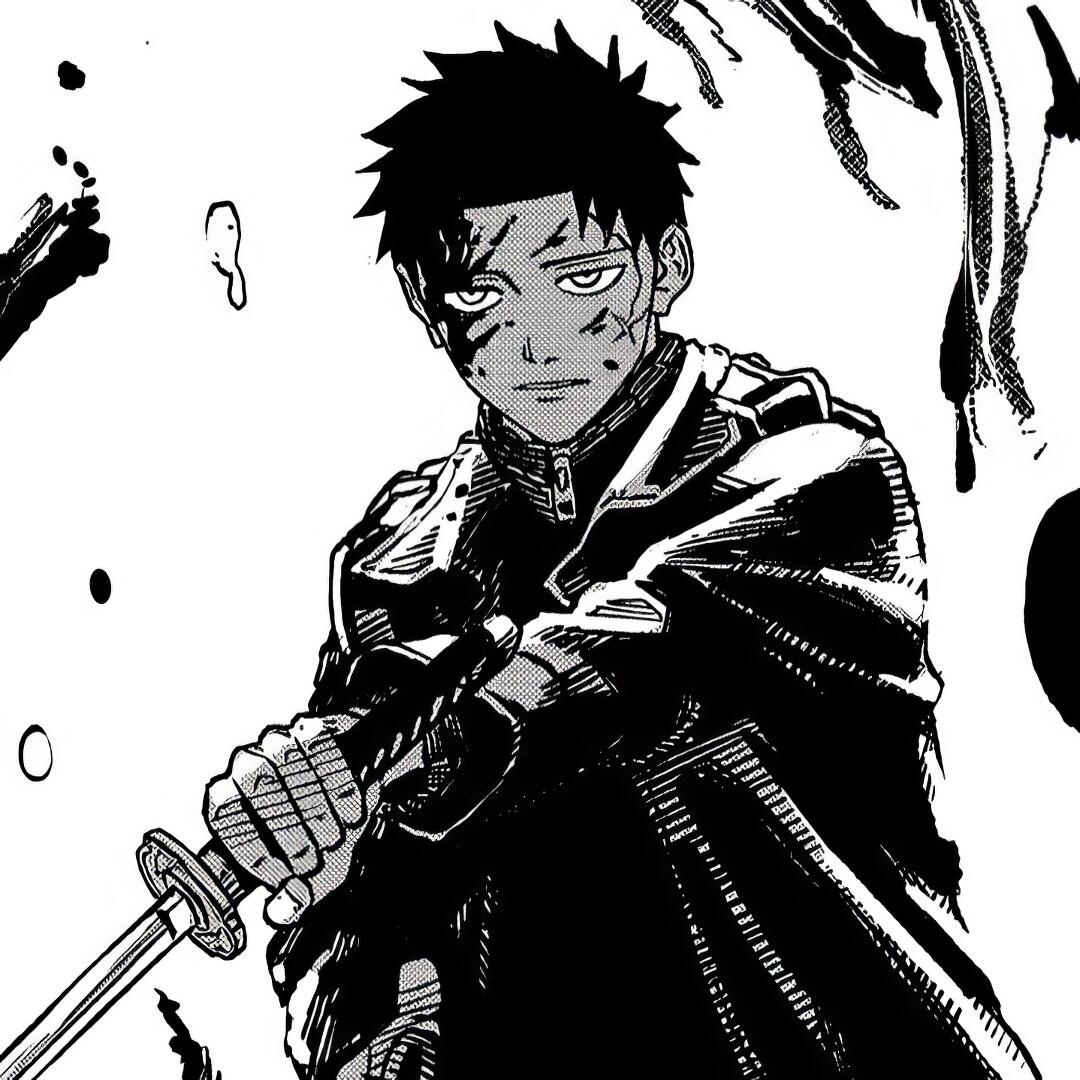 Manga Kagurabachi character holding a katana, blood-splattered face and battle-worn cloak — forum avatar/pfp.