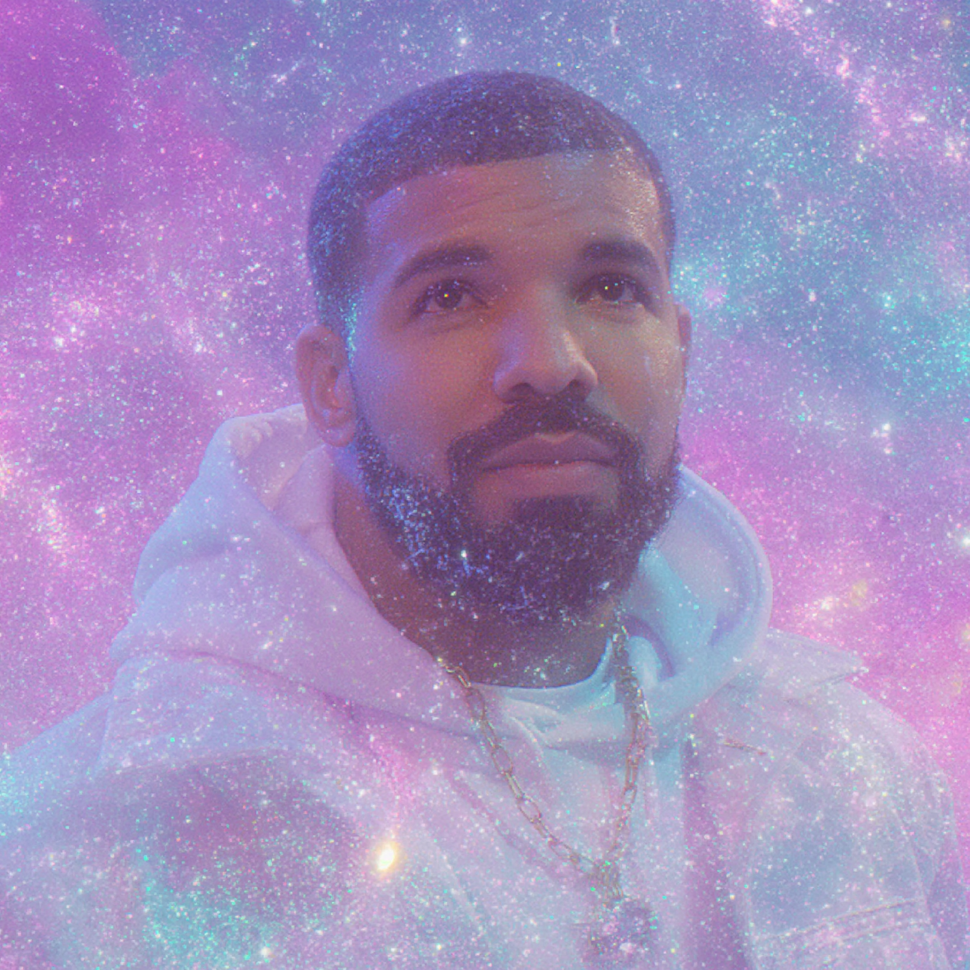 Dreamcore forum avatar of a male rap singer in a glittery pink–purple galaxy, wearing a white hoodie and chain, gazing upward with a calm, dreamy expression.