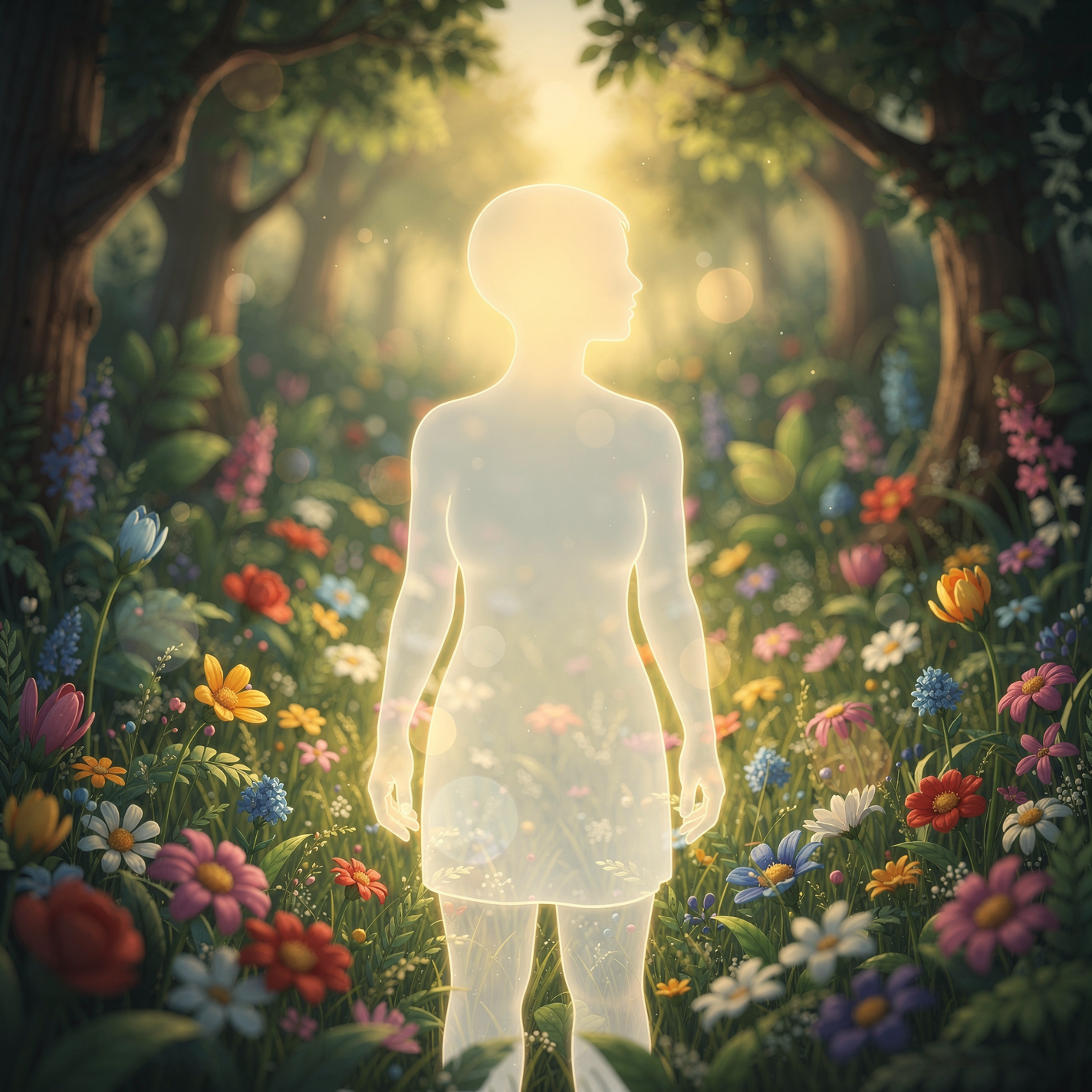Translucent glowing humanoid silhouette in a sunlit forest clearing surrounded by colorful flowers — stylized forum avatar/pfp/profile photo.