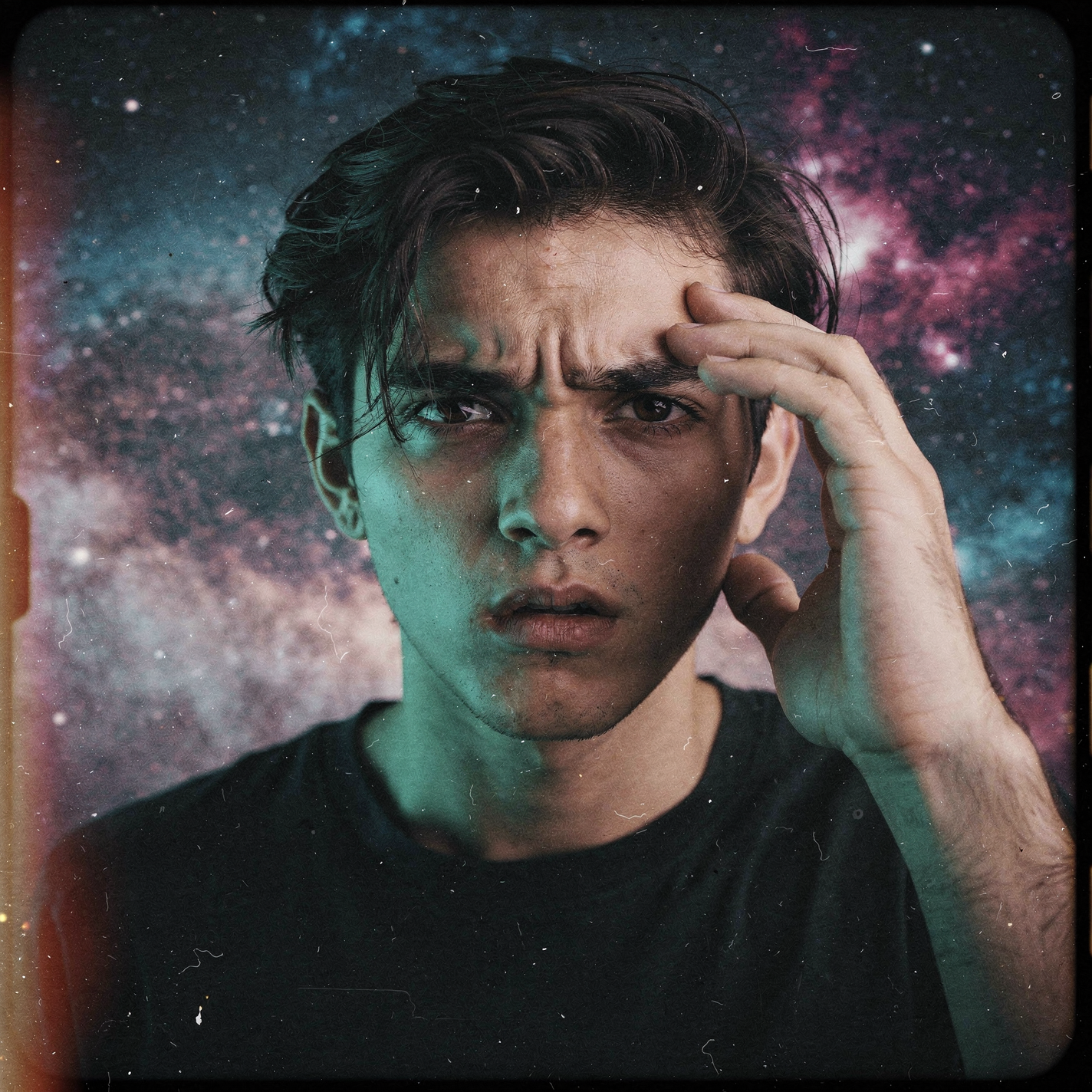 Forum avatar of a stressed-out person with furrowed brow and hand to temple, bewildered expression set against a vivid, starry cosmic background.