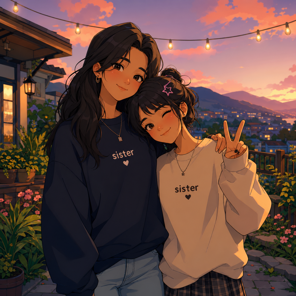 Anime-style forum avatar of two sisters on a rooftop at sunset: taller sister with long dark hair has an arm around the shorter, who winks and flashes a peace sign; both wear sister sweatshirts.