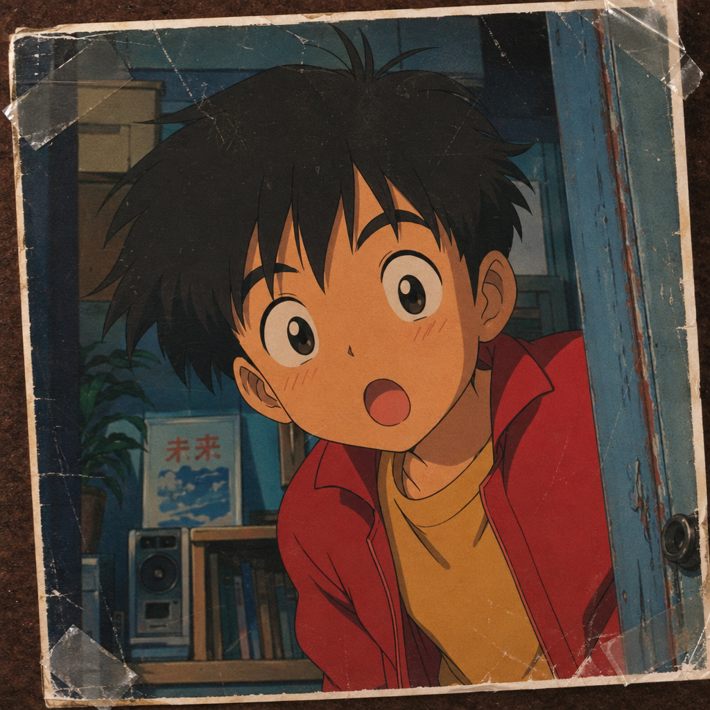 Profile photo: surprised anime boy peeking through a doorway, framed like a worn vintage snapshot.