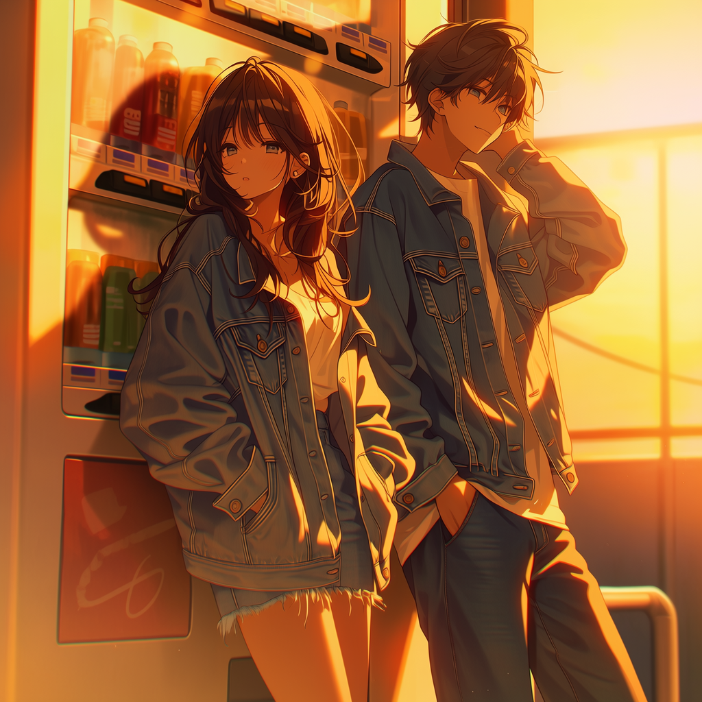 Anime couple leaning by a vending machine in golden-hour light, warm glow and casual denim — stylized forum avatar/profile photo.