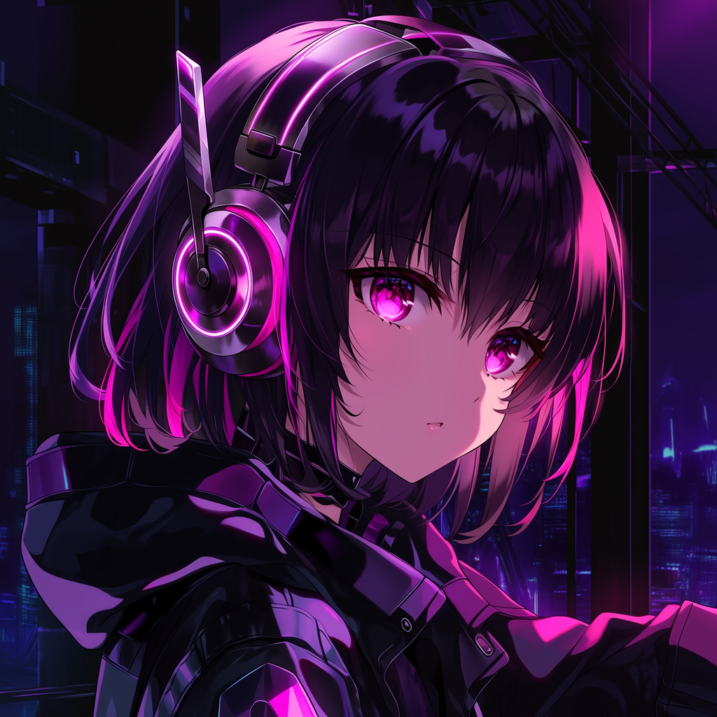 Purple-themed anime girl with dark bob, glowing purple eyes and oversized headphones in a neon city — forum avatar/profile photo