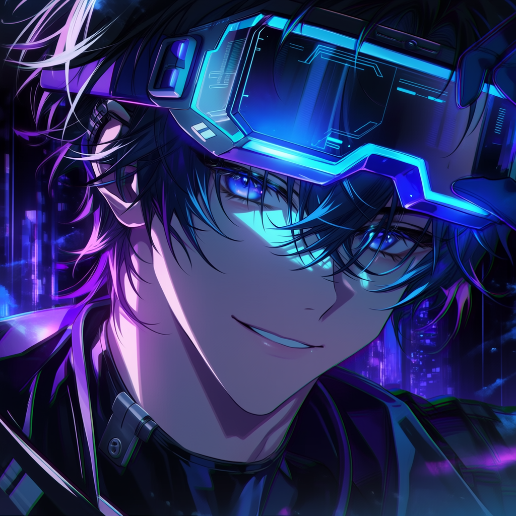 Forum avatar: sci‑fi anime boy with glasses and a glowing VR visor, dark tousled hair and piercing blue eyes against a neon cyberpunk backdrop.