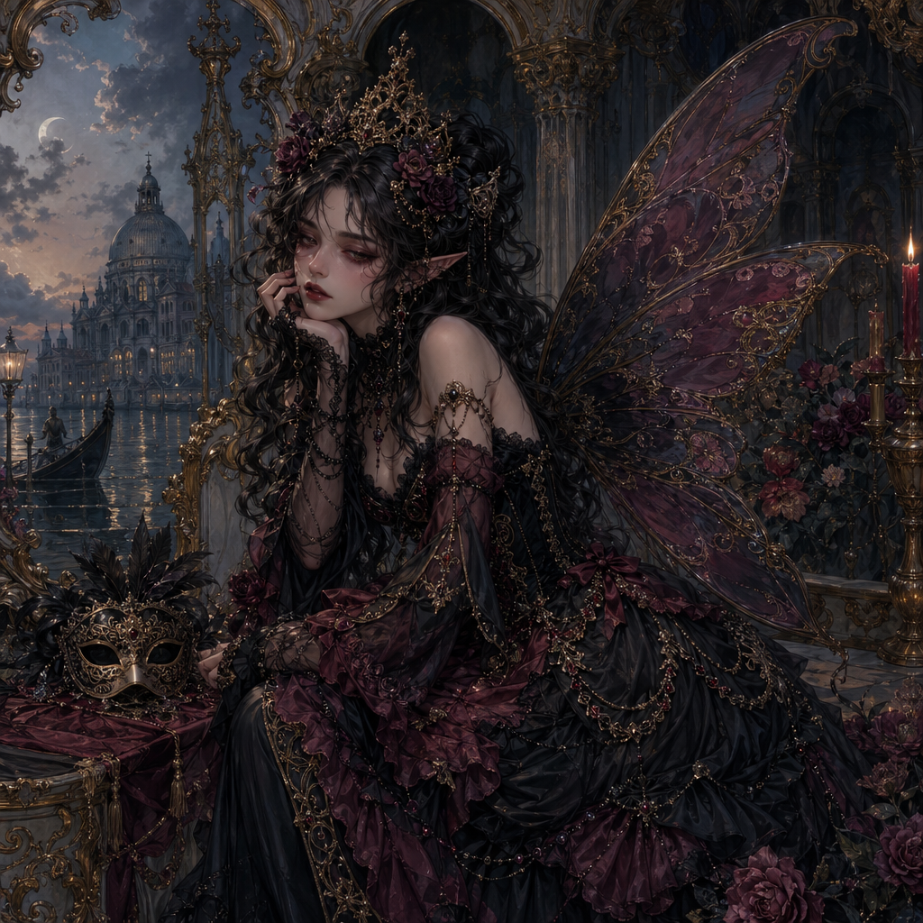 Gothic fairy in dark lace gown and crown, rose‑strewn wings, brooding by candlelit gothic cityscape — stylized forum avatar/pfp.