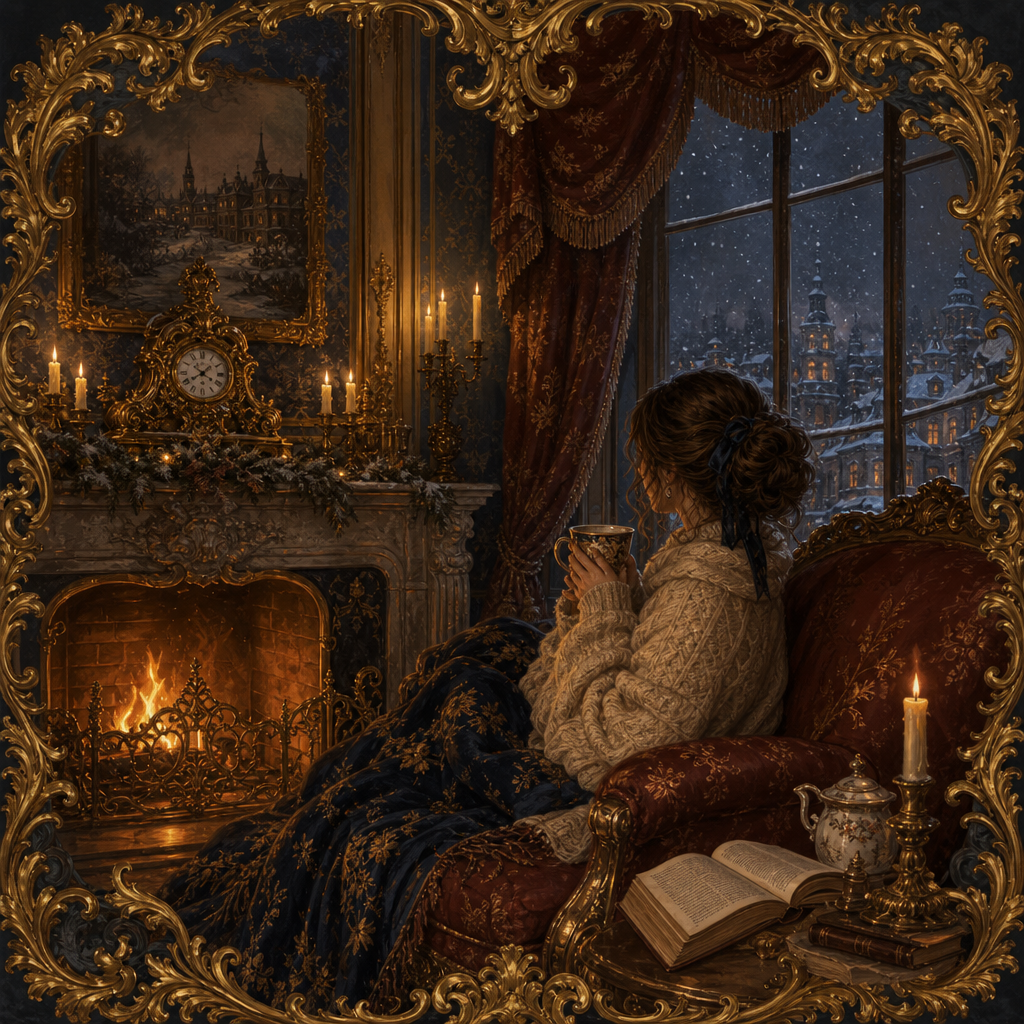 Cozy winter pfp/forum avatar: person in a chunky sweater cradling a mug by a roaring fireplace, candlelit antiques and an open book, snowy cityscape visible through the window.