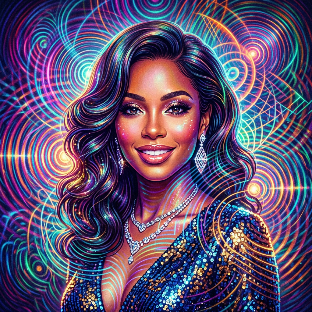 Glam forum avatar/pfp: radiant smiling woman in sequined gown, layered diamond jewelry, wavy hair and a vibrant neon concentric swirl background.
