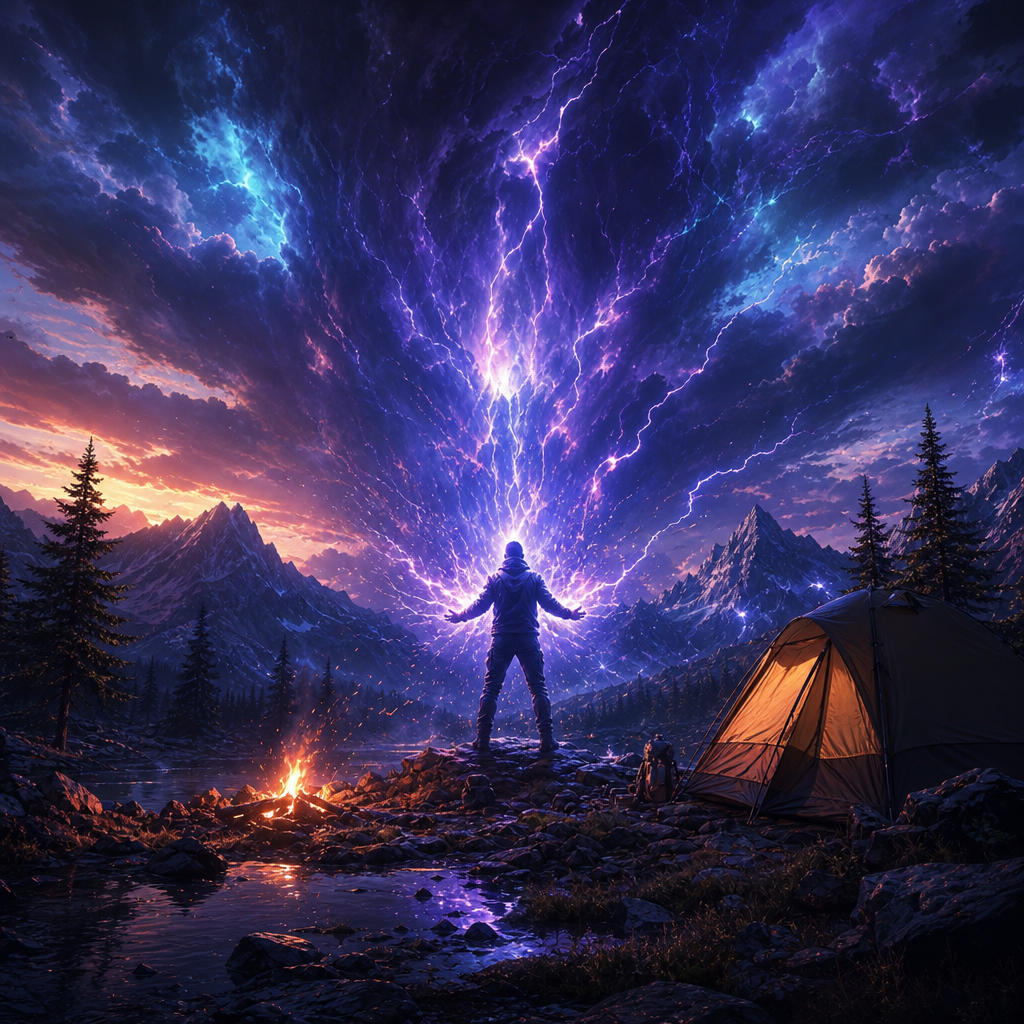 Forum avatar/pfp: silhouetted camper raises arms as purple lightning erupts overhead, a glowing tent and campfire beside them at a mountain night campsite.