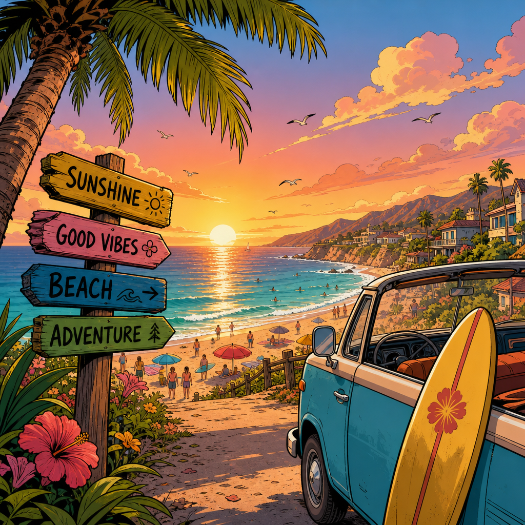 Summer forum avatar/pfp: vibrant sunset beach scene with palm trees, a surfboard-topped van, and a colorful signpost reading Sunshine, Good Vibes, Beach, Adventure.