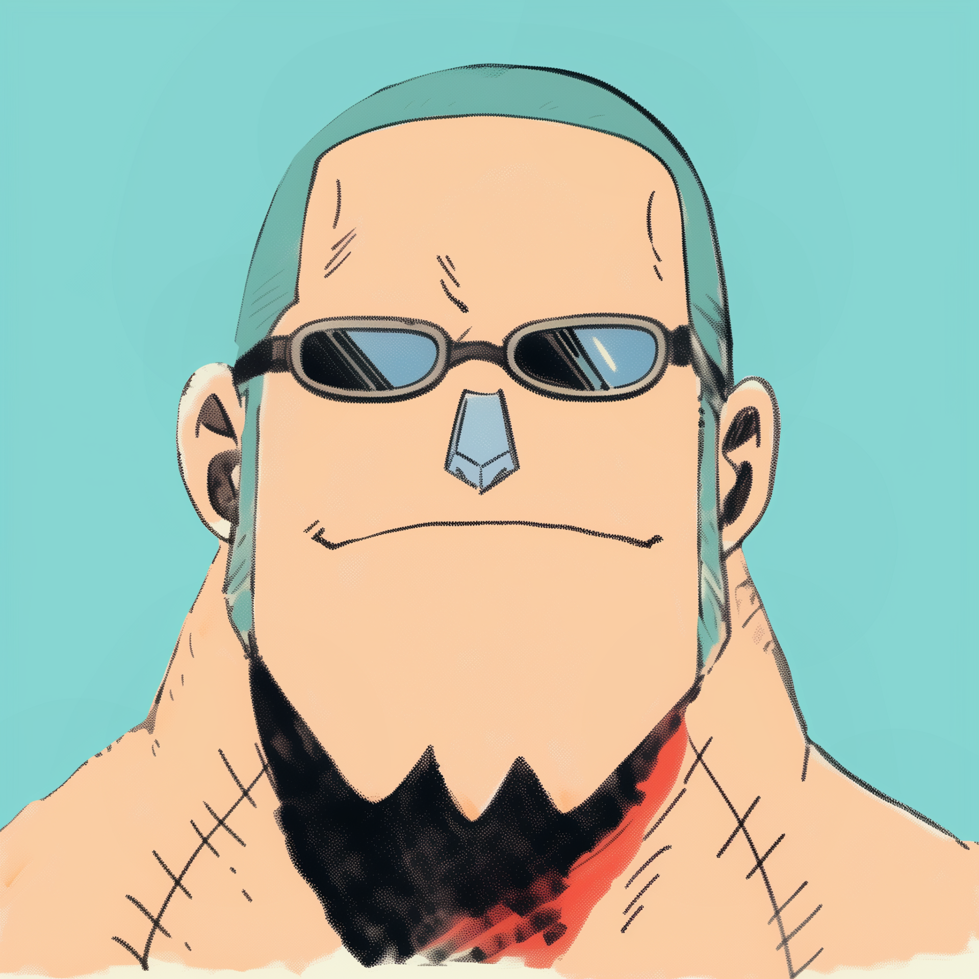 Forum avatar: stylized anime portrait of Franky (One Piece) — close-up of his square jaw, small sunglasses, triangular metal nose and black goatee on a teal background.