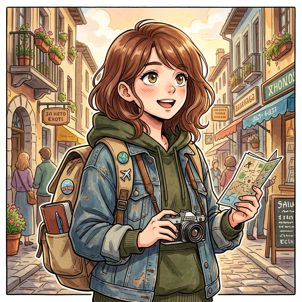 Travel forum avatar of a cheerful young traveler holding a map and camera on a sunny cobblestone street, wearing a backpack and denim jacket.