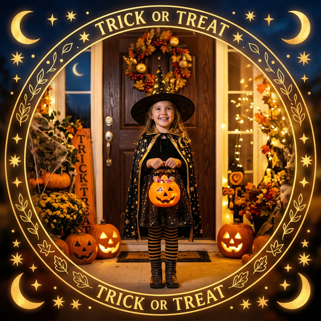 Forum avatar showing a smiling child in a witch costume holding a jack‑o'‑lantern on a pumpkin-lit porch, framed by a circular Trick or Treat border.