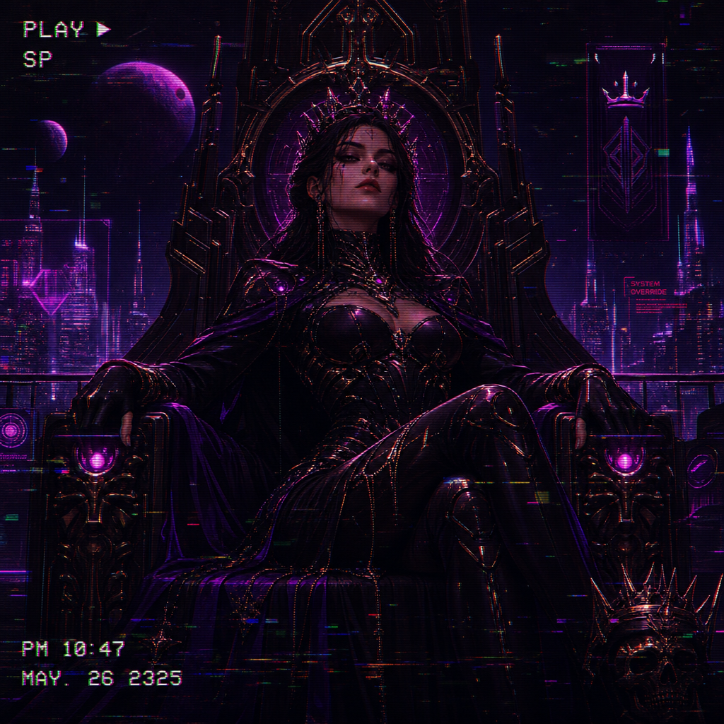 Sci-fi queen forum avatar: regal woman on a cybernetic throne, neon purple cityscape and moons behind, wearing a dark armored crown and high-tech jewelry.