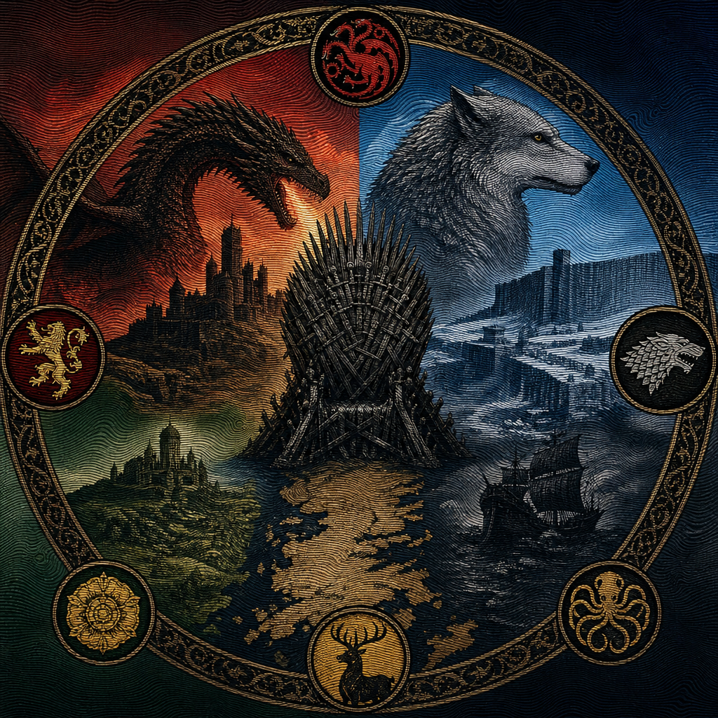 Game of Thrones forum avatar/pfp: circular emblem with the Iron Throne at center, Targaryen dragon, Stark direwolf, Lannister lion and other house sigils over divided landscapes.