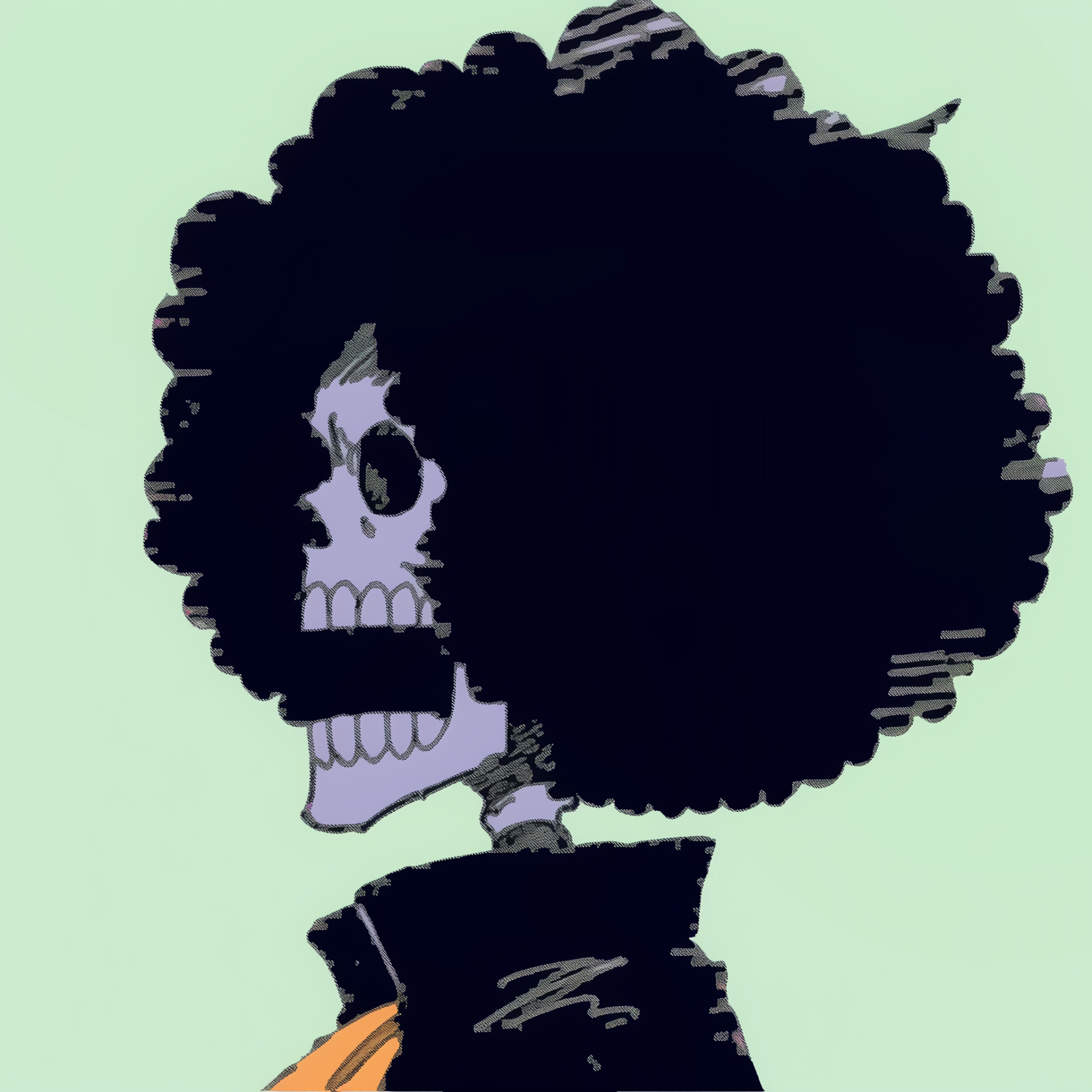 Forum avatar/pfp of One Piece anime character Brook — a skeletal musician with a large afro in side profile, pastel background, designed as a stream profile image.