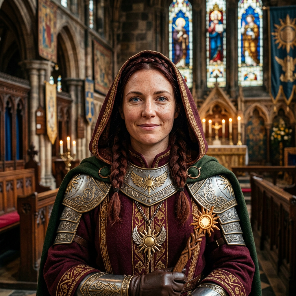 Forum avatar of a cleric: hooded woman with braided hair in ornate armor bearing a sun emblem, standing in a candlelit church with stained-glass windows.