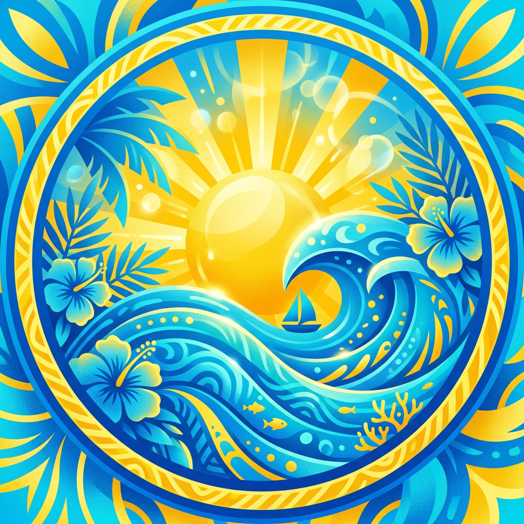 Vibrant circular summer forum avatar: stylized sun over rolling blue ocean waves, hibiscus flowers and palm leaves in bright yellow and aqua.