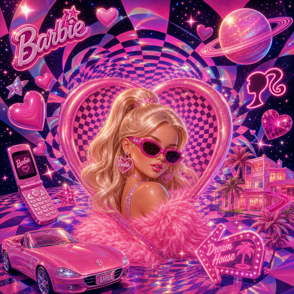 Barbiecore forum avatar/pfp: glam blonde in pink fur and cat-eye shades, surrounded by hearts, checkerboard vortex, pink convertible, retro phone, neon Dream House and a glittering planet.