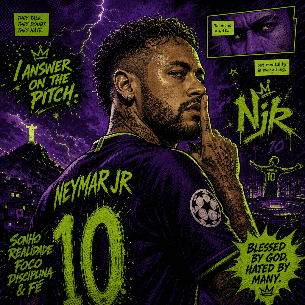Comic-book style forum avatar of a bearded soccer player in a purple neon-green #10 jersey, finger to lips, lightning skyline and graffiti text — bold, dramatic profile pfp.