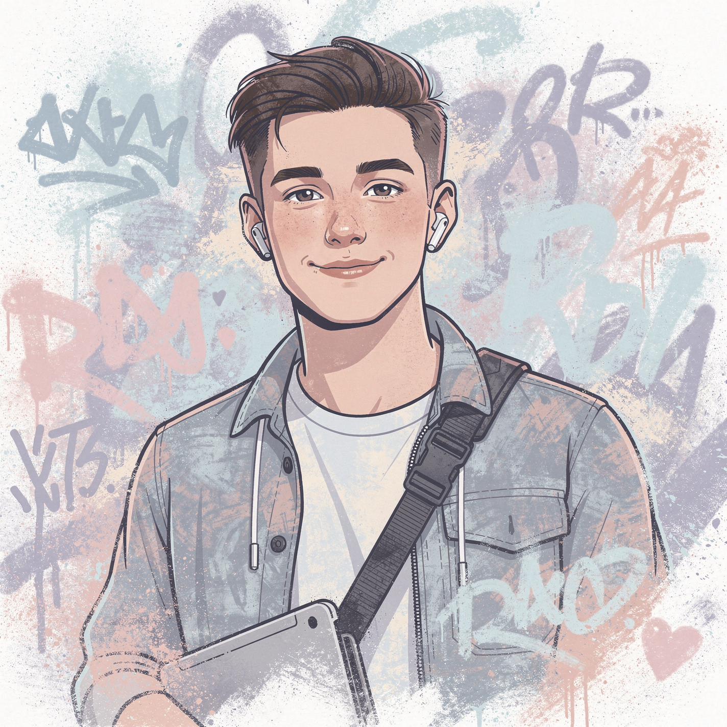 Illustrated forum avatar of a smiling young digital nomad with a tablet, earbuds and a shoulder bag against a graffiti-style background.