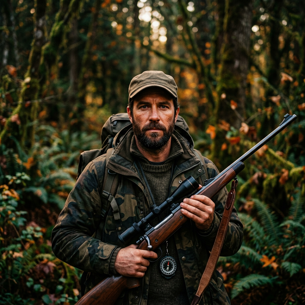 Forum profile photo of a bearded hunter in camouflage and a cap, holding a scoped rifle while standing in a dense, mossy forest.