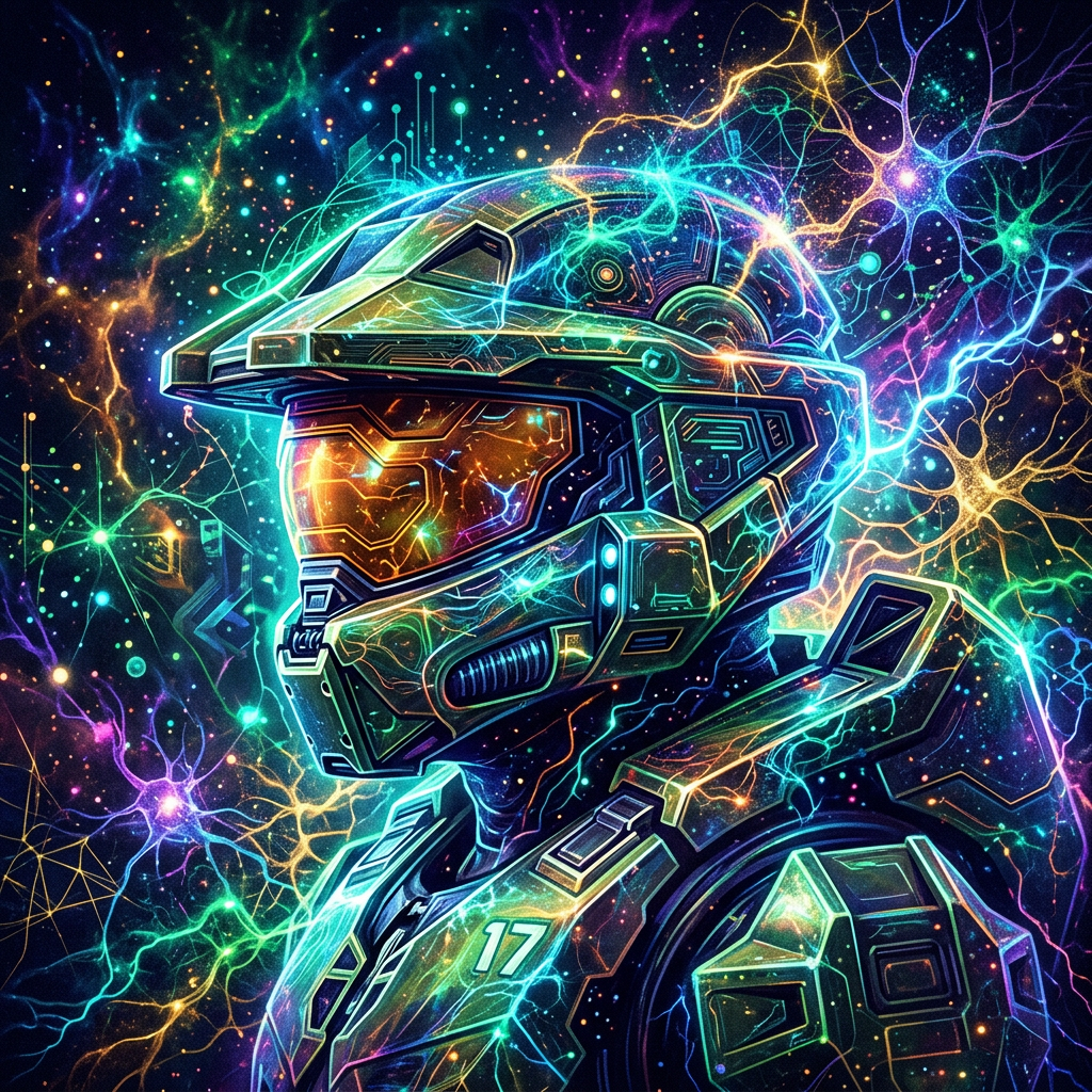Vibrant Halo-style Spartan helmet portrait with neon circuitry and electric cosmic background, rendered as a striking forum avatar/pfp.