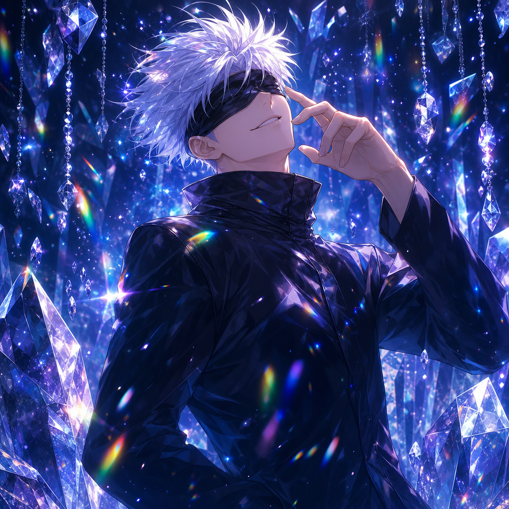 Satoru Gojo forum avatar: blindfolded, white-haired anime character smiling amid glowing crystal shards.