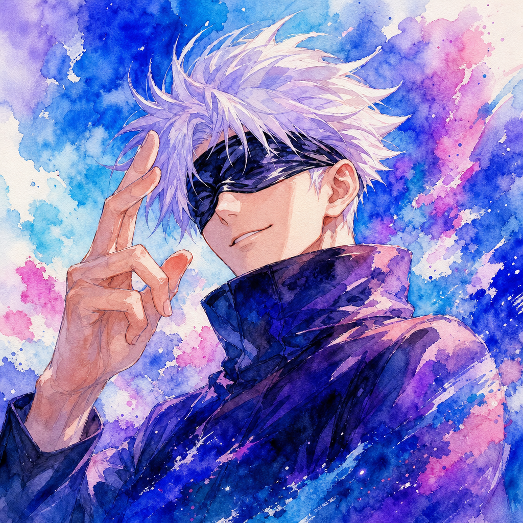 Forum avatar of Satoru Gojo: watercolor portrait with white hair, blindfold, raised fingers and a confident smile against a vibrant blue–purple splash background.