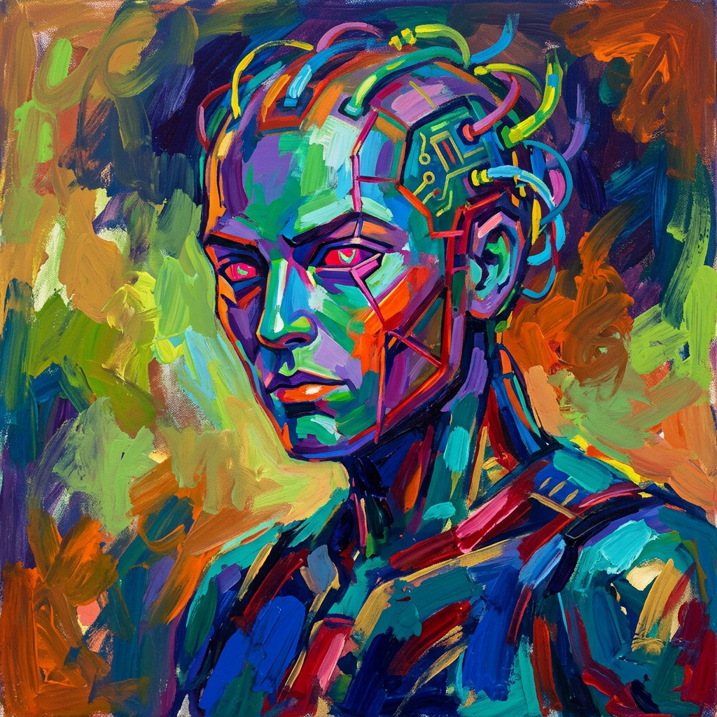 Vibrant painted Synthoid portrait in neon colors, stylized robotic head with circuits and glowing eyes, presented as a forum avatar/pfp/profile photo.