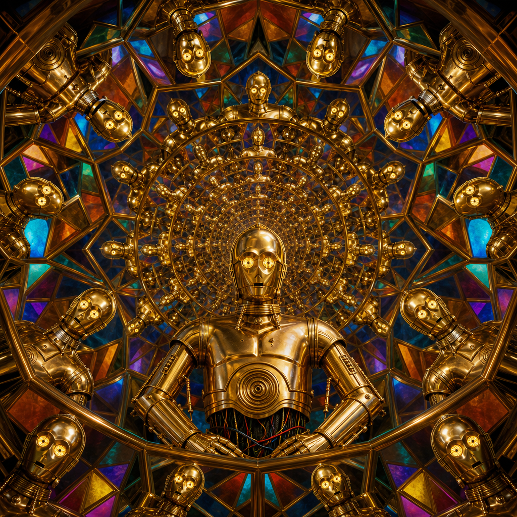 C-3PO forum avatar: golden protocol droid centered within a kaleidoscopic stained-glass halo of repeating droid faces.