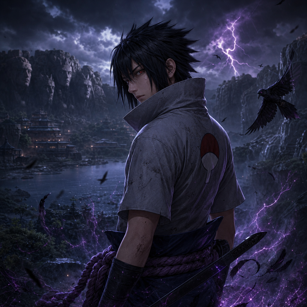 Forum avatar/pfp of Sasuke Uchiha: brooding three-quarter profile with Uchiha crest on his back, stormy cliffs, lightning flashes, crows and a purple chakra aura.