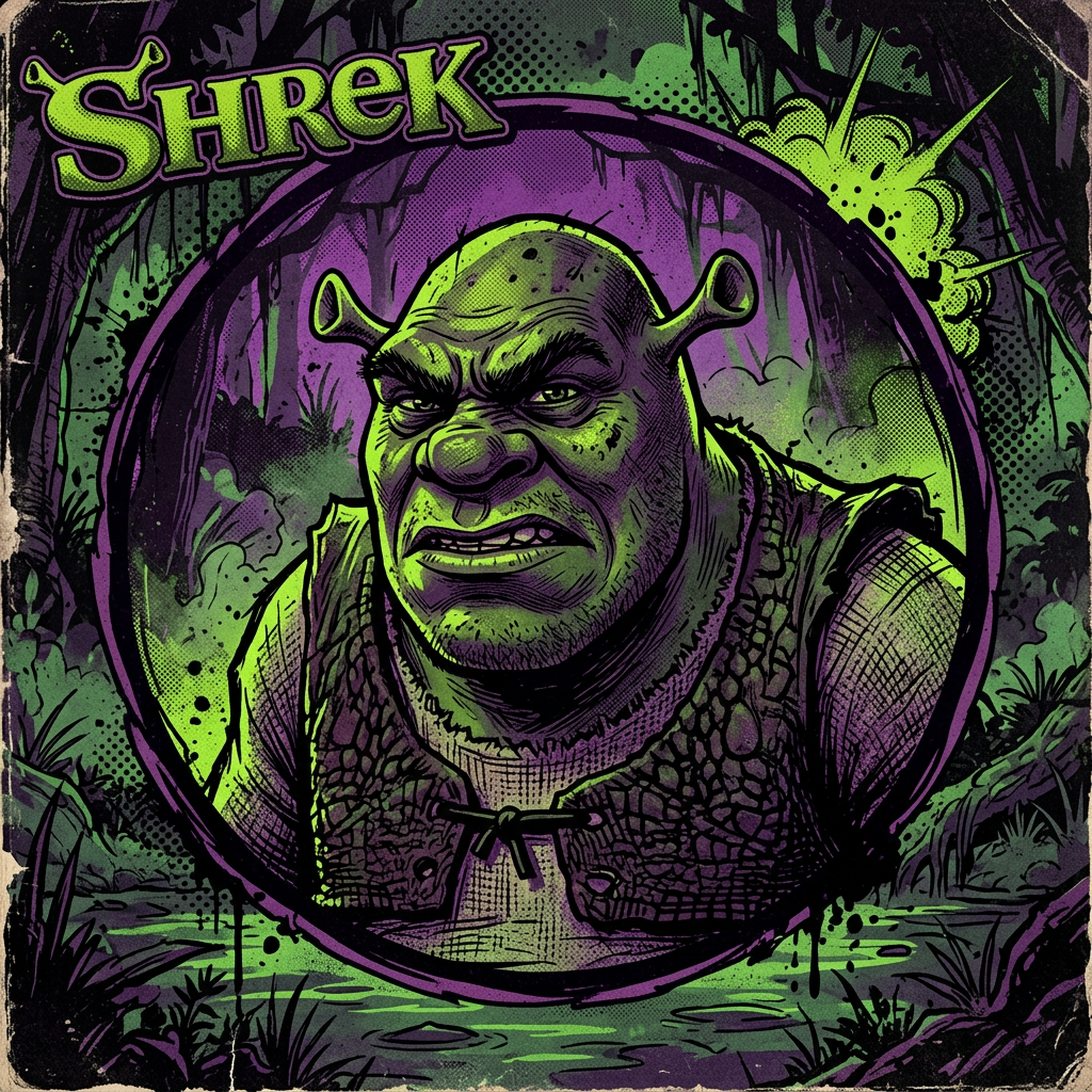 Stylized comic‑art portrait of Shrek in a circular frame, vivid green and purple tones with a grungy forest background, presented as a forum avatar/profile picture.