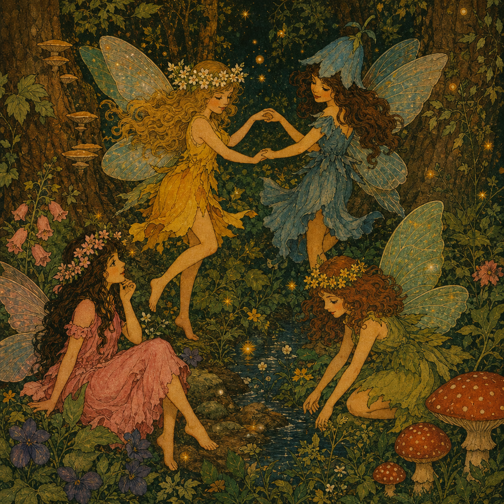 Forum avatar/pfp of four forest fairies dancing in a moonlit glade among mushrooms and glowing fireflies.