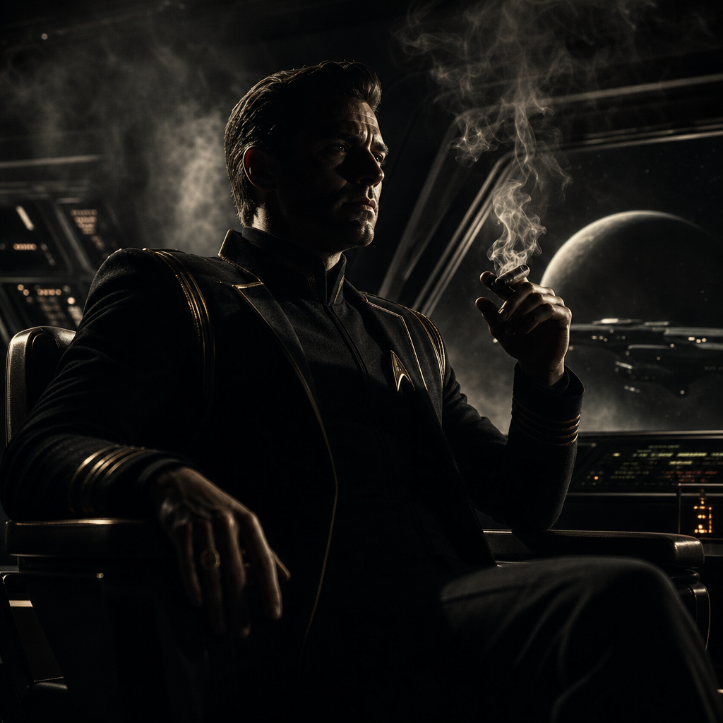 Profile avatar of a starship captain on the bridge, silhouetted against a planet, holding a smoking pipe.