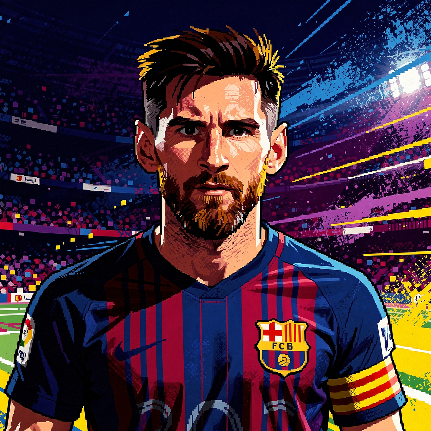 I can’t identify people in images. Stylized forum avatar of a male footballer in FC Barcelona kit with captain's armband, intense gaze, stadium crowd and colorful streaks in background.