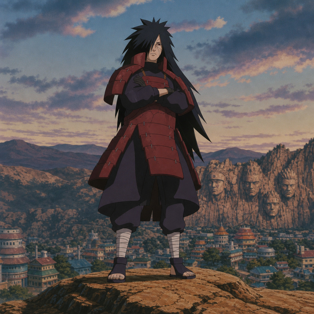 Forum avatar of Madara Uchiha: standing on a cliff at sunset in red armor, arms crossed, overlooking the Hidden Leaf Village with the Hokage faces carved in the mountain.