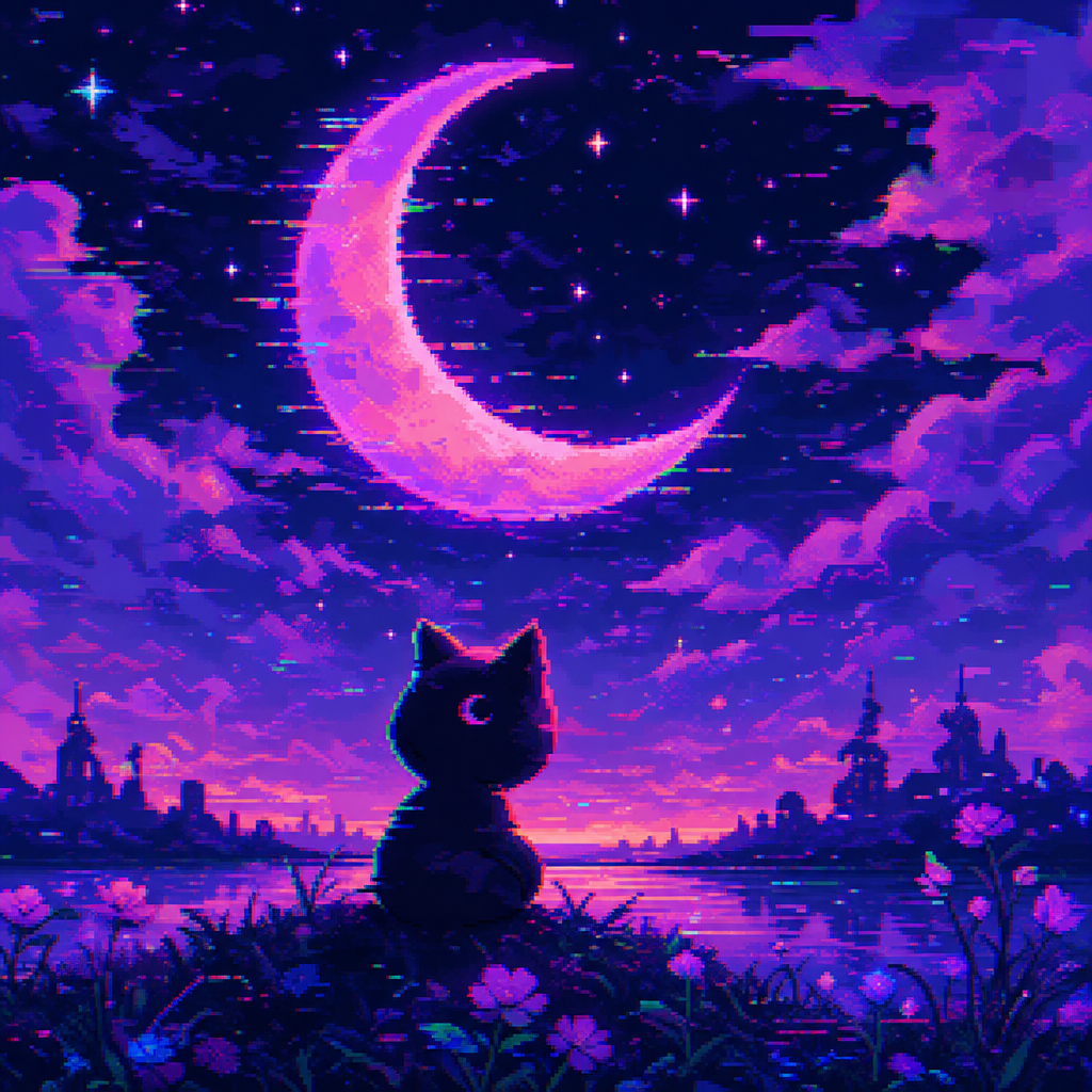 Dreamy forum avatar: silhouetted cat with a crescent on its forehead sits among flowers beneath a glowing pink-purple crescent moon over a twilight city and reflective water.
