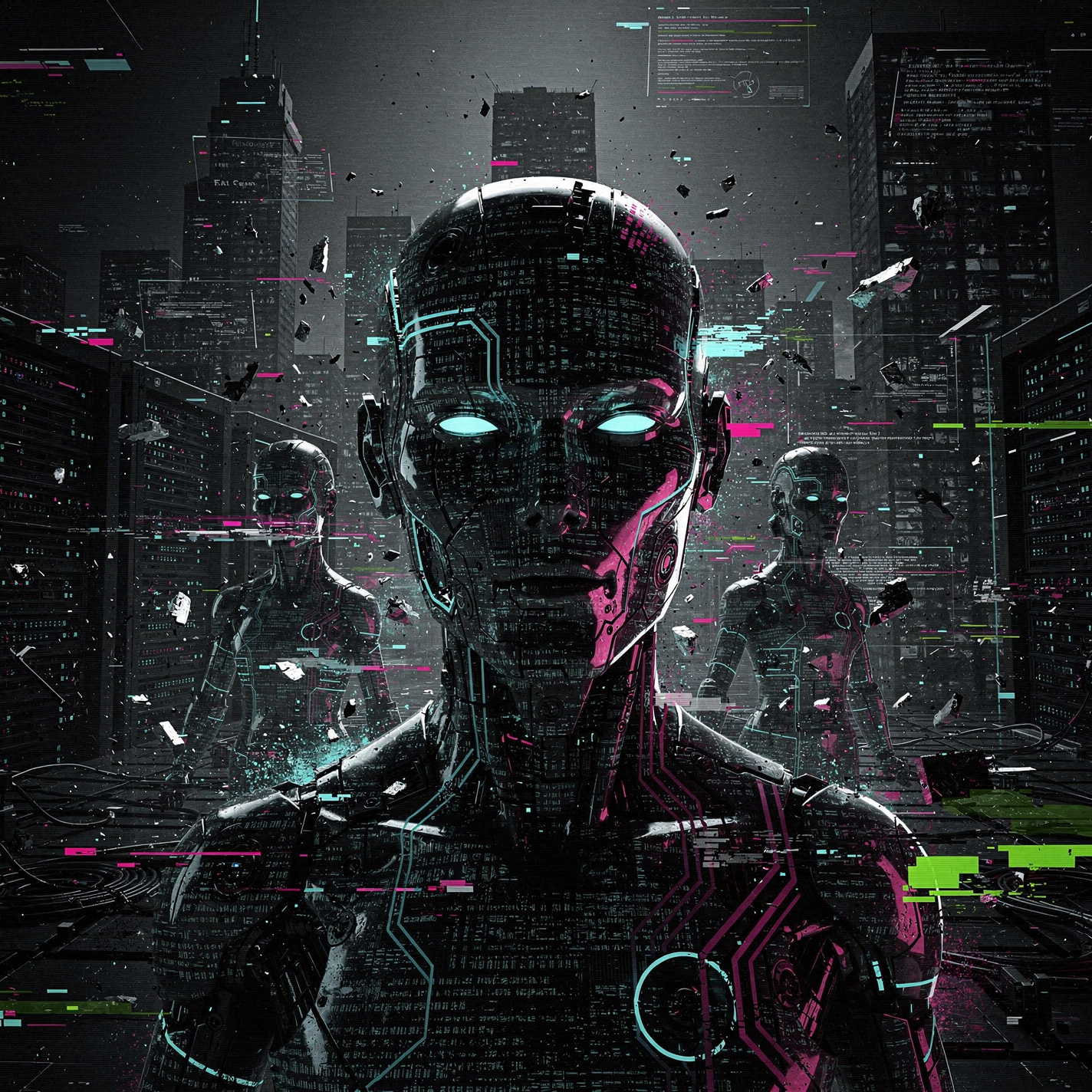 Forum avatar/pfp: glitched cybernetic humanoid with glowing eyes in a dark, neon-lit city, robots looming behind — a visual of an AI uprising.