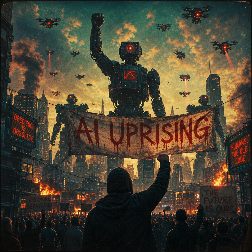 Forum avatar: dramatic AI uprising scene — silhouetted figure holds a banner reading 'AI UPRISING' before a towering red-eyed robot, drones and a burning city skyline.