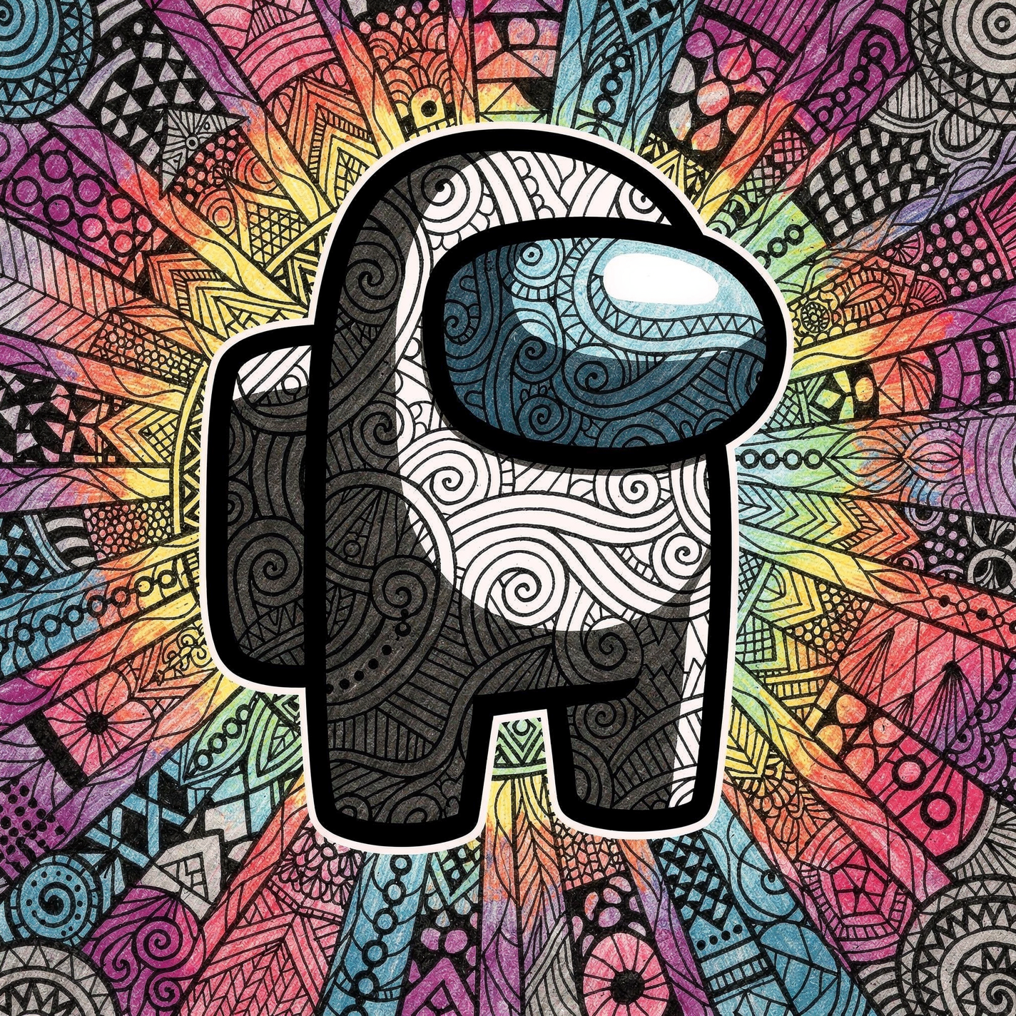 Among Us crewmate pfp: black-and-white doodle-patterned astronaut set against a vivid rainbow mandala background, used as a forum avatar/profile photo.