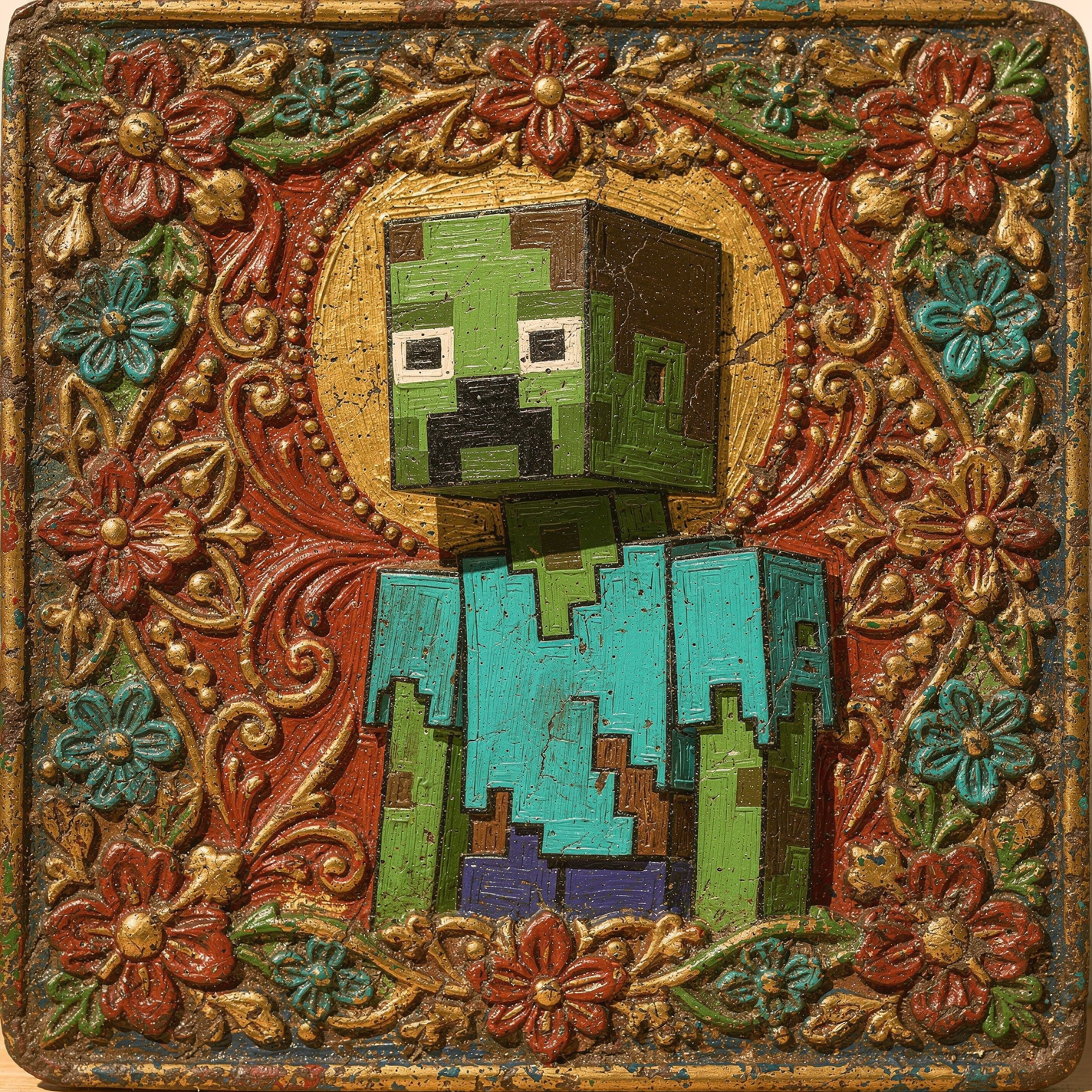 Pixelated Minecraft zombie avatar (forum profile picture) centered on an ornate, floral gilded frame.