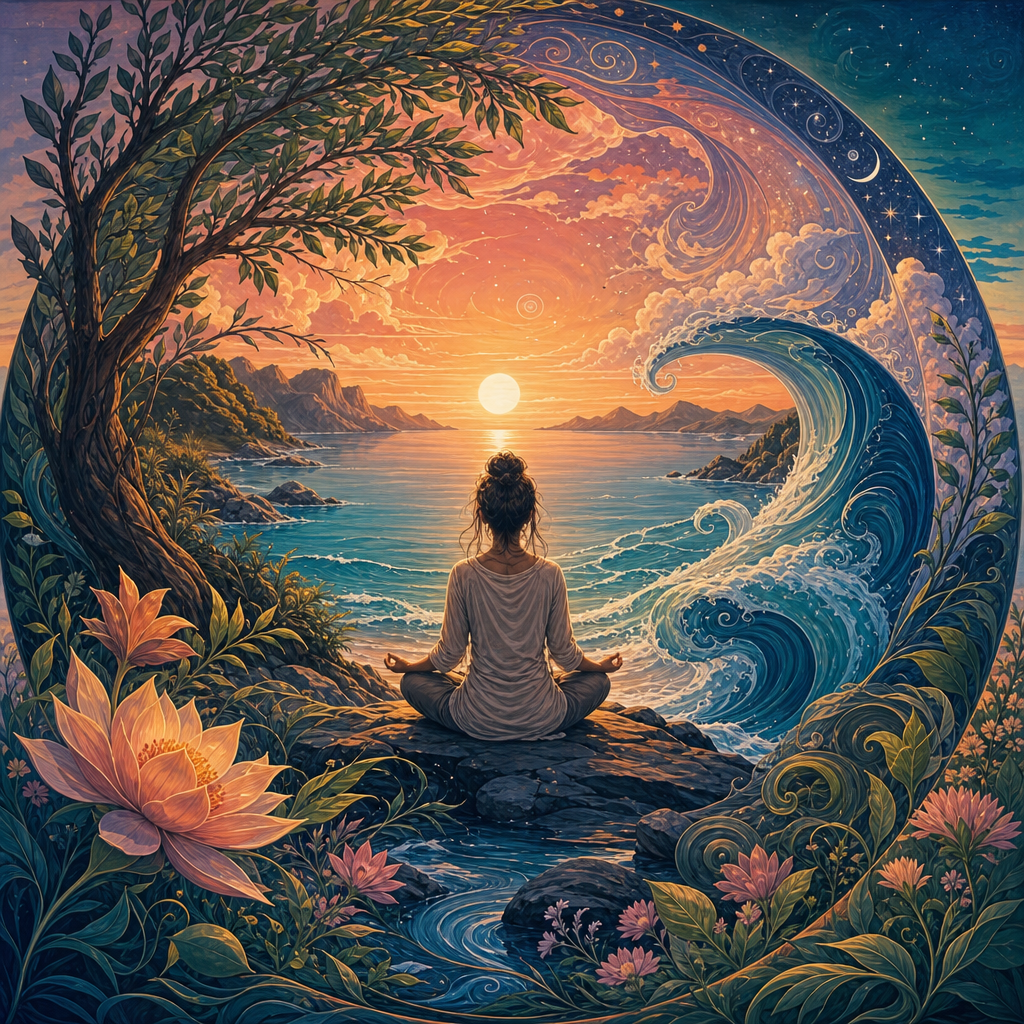 Forum avatar/pfp: person meditating at sunrise by the sea, framed by swirling waves, lotus blossoms and trees — a mindfulness-themed profile image.
