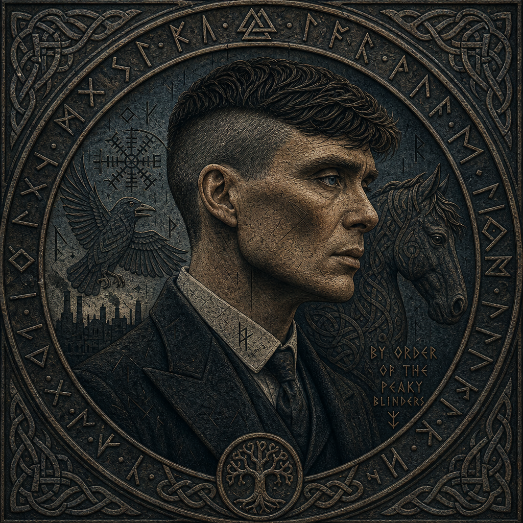 Dark ornate circular forum avatar/profile photo of Thomas Shelby in profile — Peaky Blinders–style suit, horse and city silhouettes, runic border and Celtic knotwork.