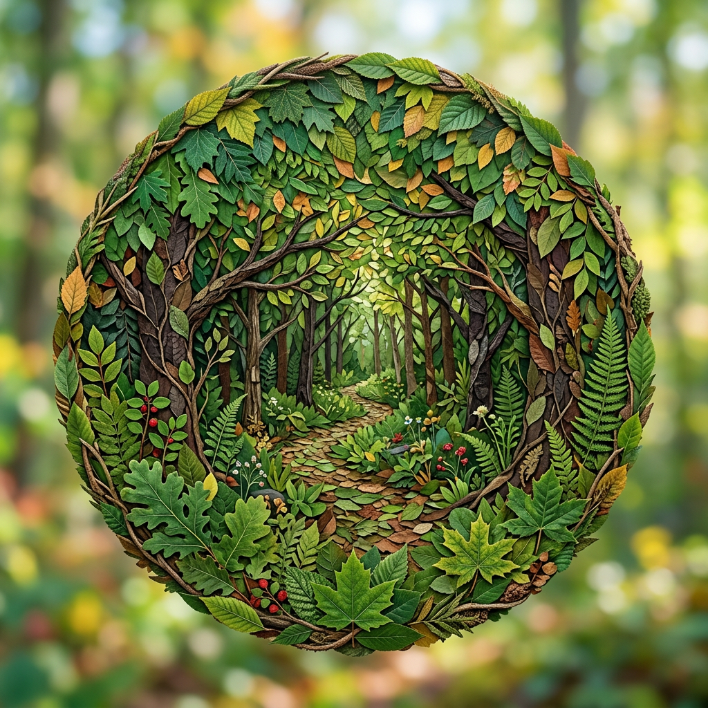 Nature-themed circular forum avatar/pfp: a wreath of leaves frames a sunlit forest tunnel with ferns, oak leaves, mossy stones and tiny red berries.